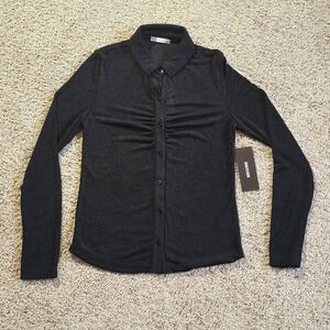 Becool Shirt Womens Small Black Ruched Button Front Long Sleeve Stretch Shimmer
